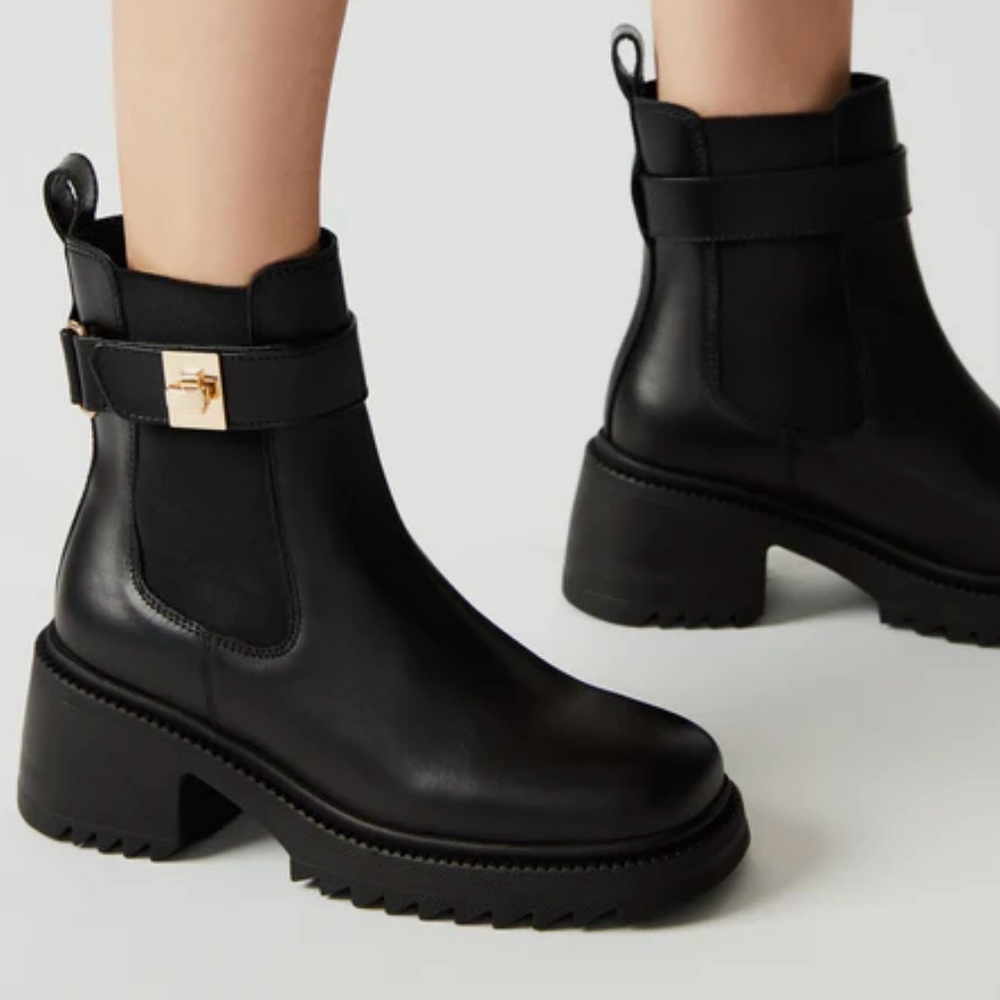 Steve Madden Black Ankle Boots with Gold Buckle